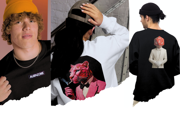 Collage of people wearing black t-shirts with graphic designs, one featuring a pink tiger.