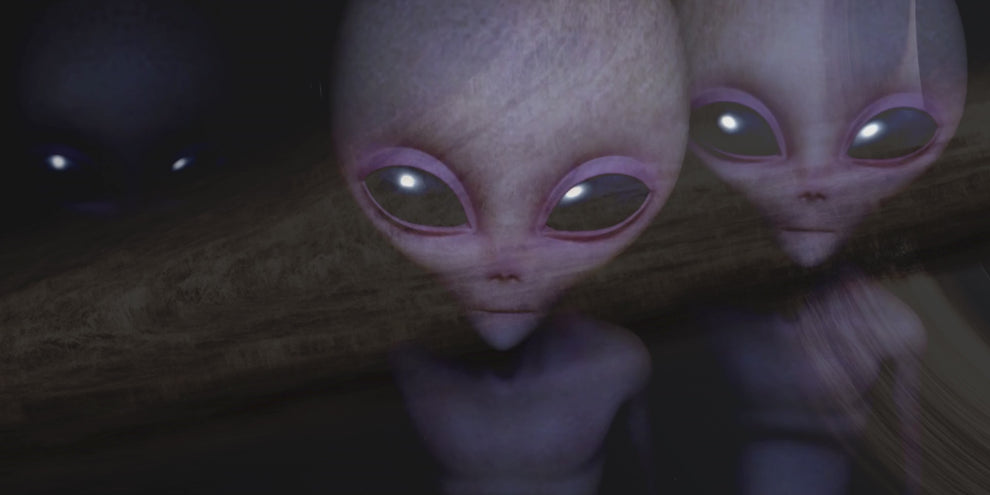Three aliens with large, glowing eyes staring directly at the viewer in a dark, mysterious setting. Eerie and futuristic atmosphere.