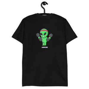 Black t-shirt with a green alien lifting weights graphic on a hanger