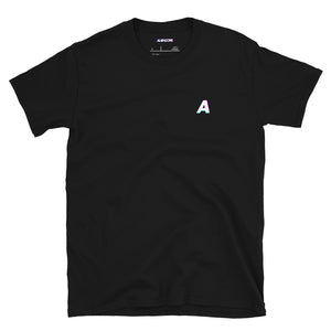 Black t-shirt with a white letter 'A' on a white background