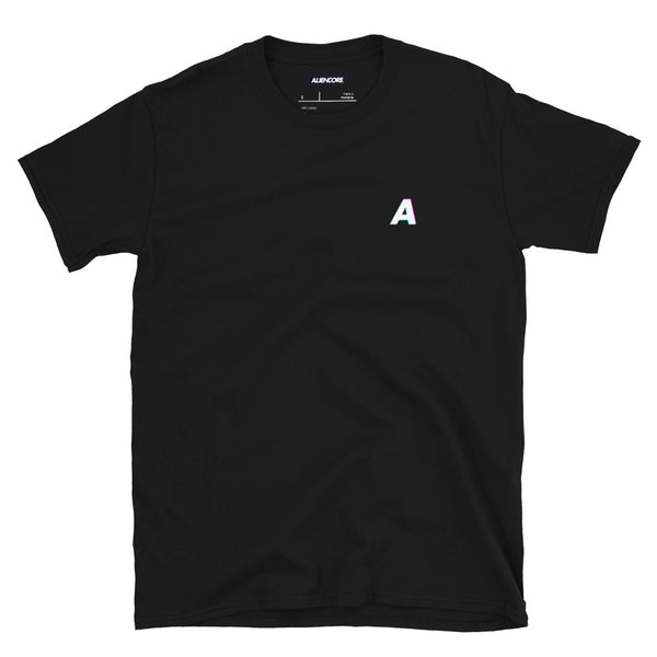 Black t-shirt with a white letter 'A' on a white background