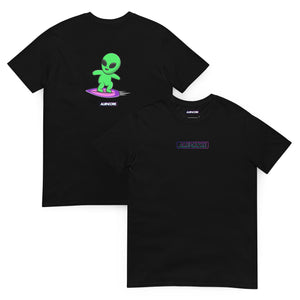 Black t-shirt with a green alien graphic and brand logo on a white background