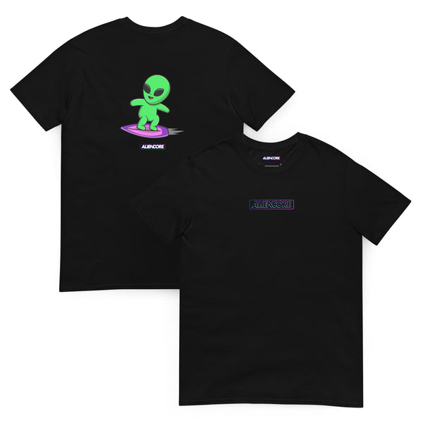 Black t-shirt with a green alien graphic and brand logo on a white background
