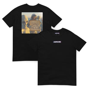 Black t-shirt with alien and astronaut graphic on front and 'ALIENCORE' logo on back