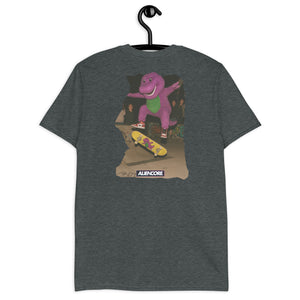 Gray t-shirt with a graphic of a dinosaur on a skateboard, hanging on a black hanger against a white background.
