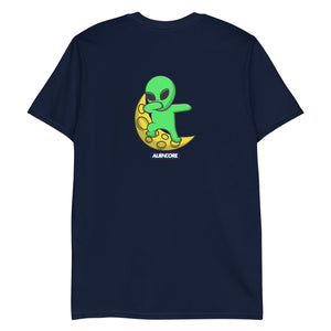 Navy blue t-shirt with a green alien on a yellow moon graphic and 'ALIENCORE' text.