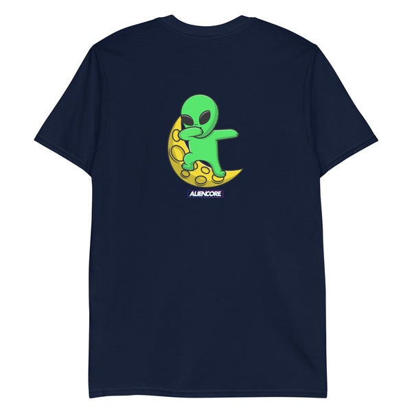 Navy blue t-shirt with a green alien on a yellow moon graphic and 'ALIENCORE' text.