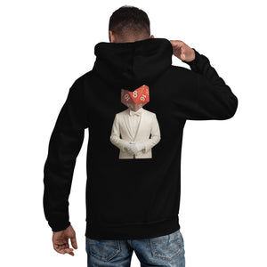 Person wearing a black hoodie with a graphic design on the back, featuring a person in a white suit and a red die.