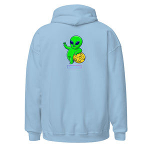 Light blue hoodie with a green alien and yellow planet design on the back against a white background