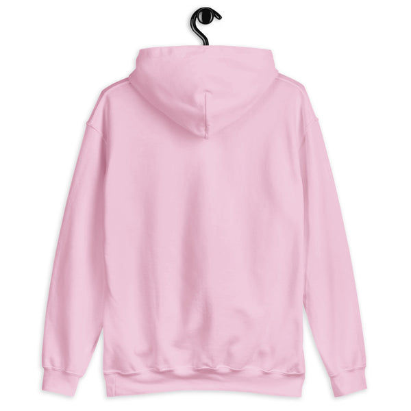 Pink hoodie on a hanger against a white background