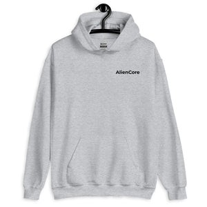 Gray hoodie with 'AlienCore' logo on a white background
