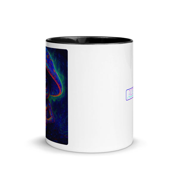 White mug with black interior and colorful abstract design on a white background