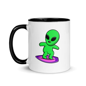 Mug with a green alien character on a purple cloud design, black handle and trim.