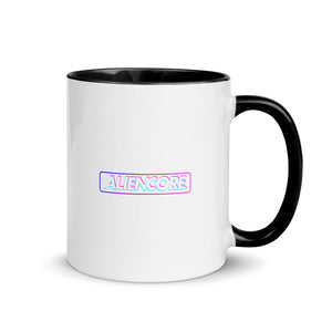 White mug with black handle and rim featuring 'ALIENCORE' logo on a white background