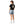 Person wearing a black t-shirt with a graphic design on the back and denim shorts on a white background