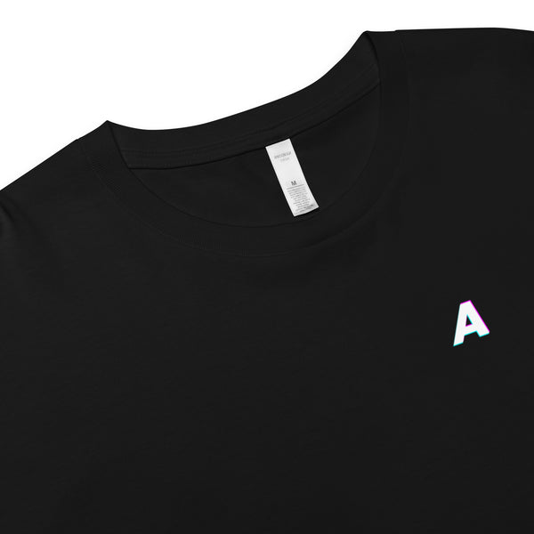 Black t-shirt with a small logo on the chest and a visible tag, against a white background