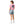 Person wearing a pink t-shirt with a graphic design on the back and denim shorts on a white background