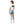 Person wearing a white t-shirt with a graphic design and denim shorts on a white background